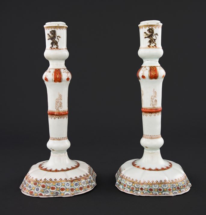 Pair of Chinese export porcelain Armorial Candlesticks, Arms of Chase | MasterArt